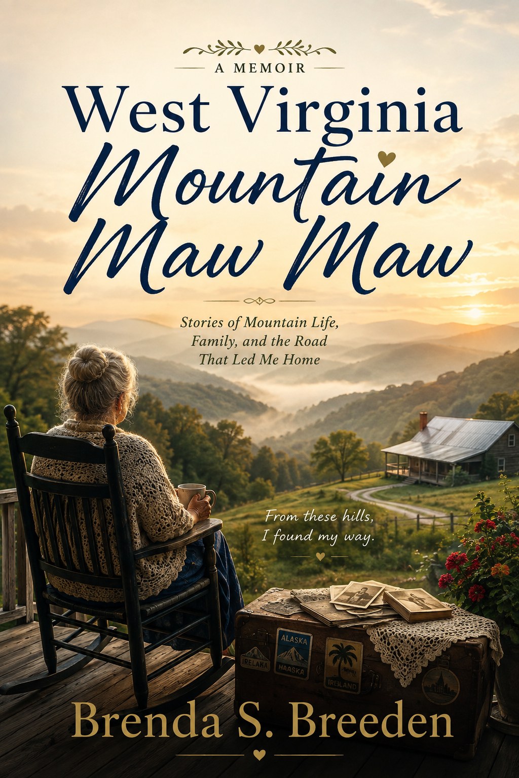 West Virginia Mountain Maw Maw book cover: a woman in a rocking chair looking out over misty hills at sunrise